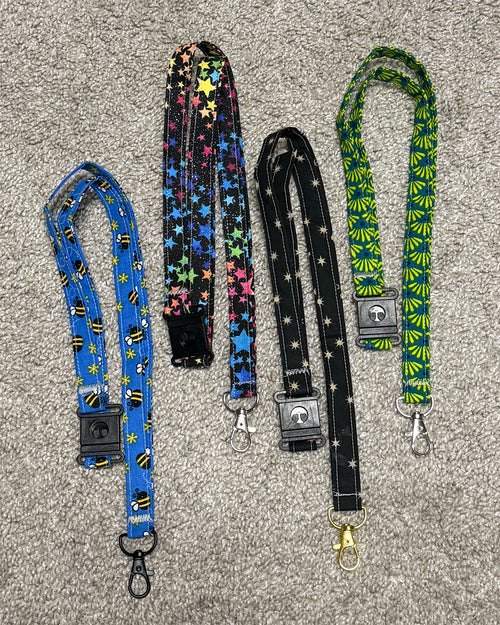 Handmade fabric lanyard with breakaway safety clasp, multiple patterns