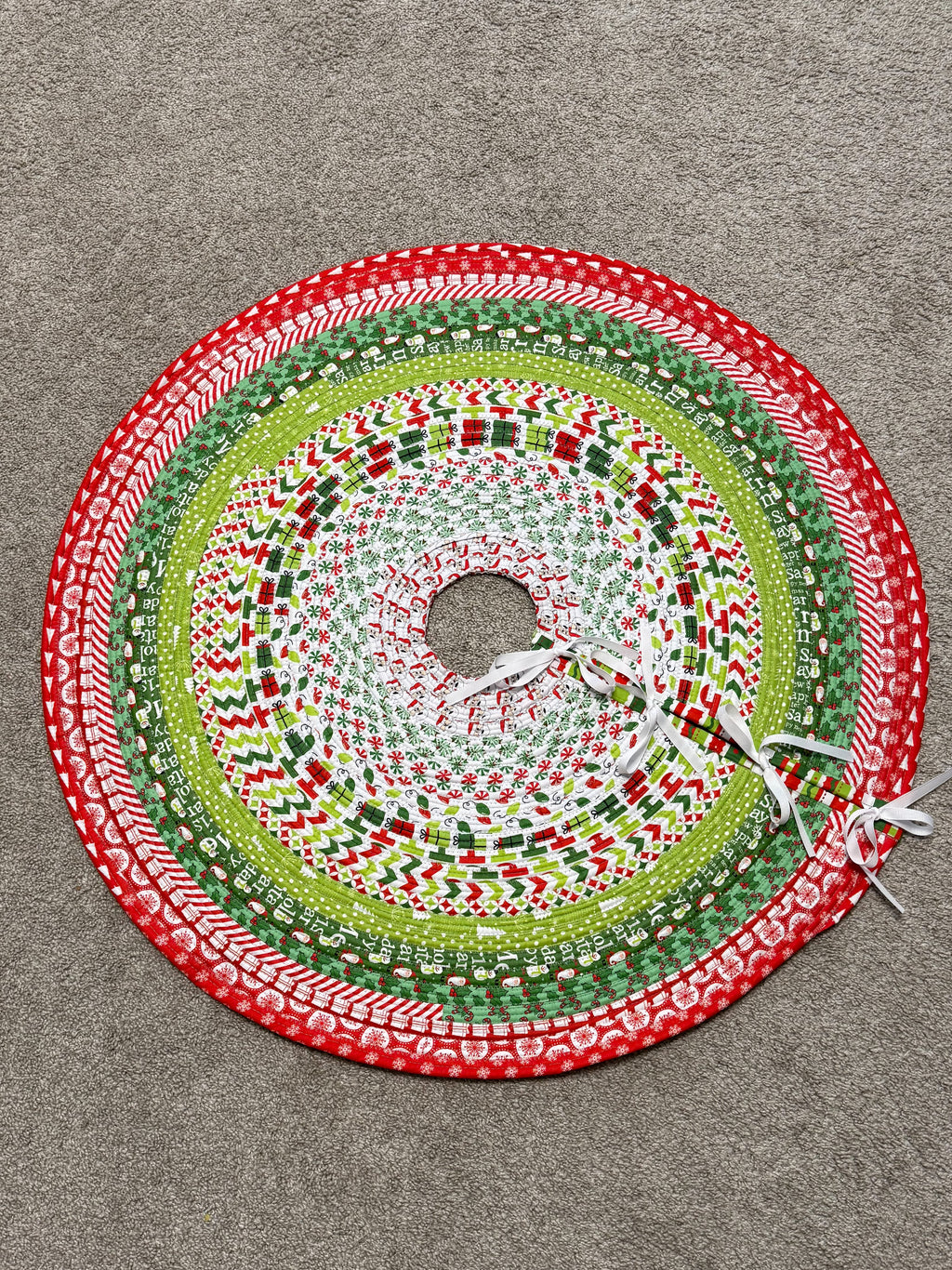 Bright Tree Skirt Jelly Roll Rug – handmade quilted Christmas tree skirt