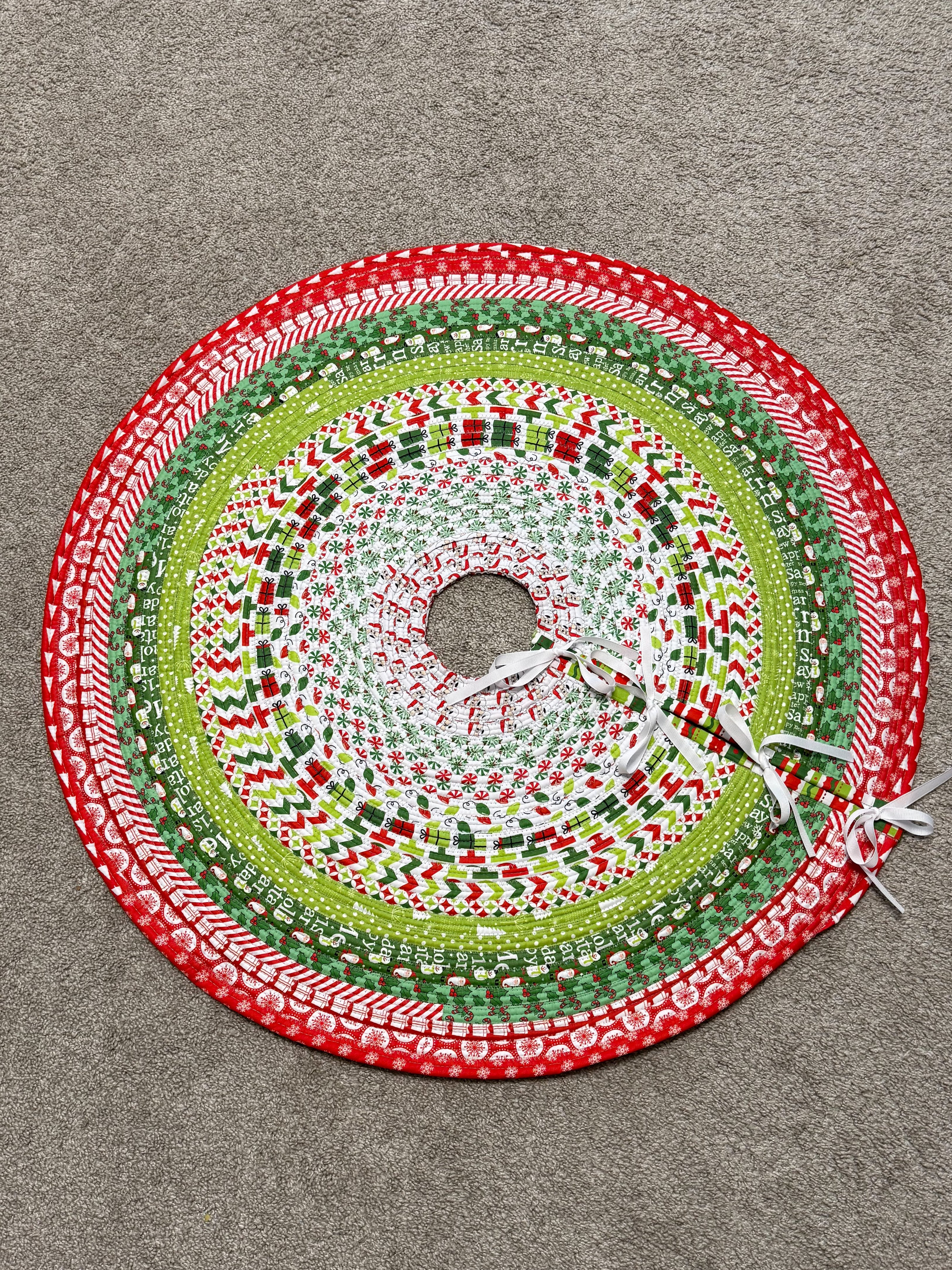 Bright Tree Skirt Jelly Roll Rug – handmade quilted Christmas tree skirt