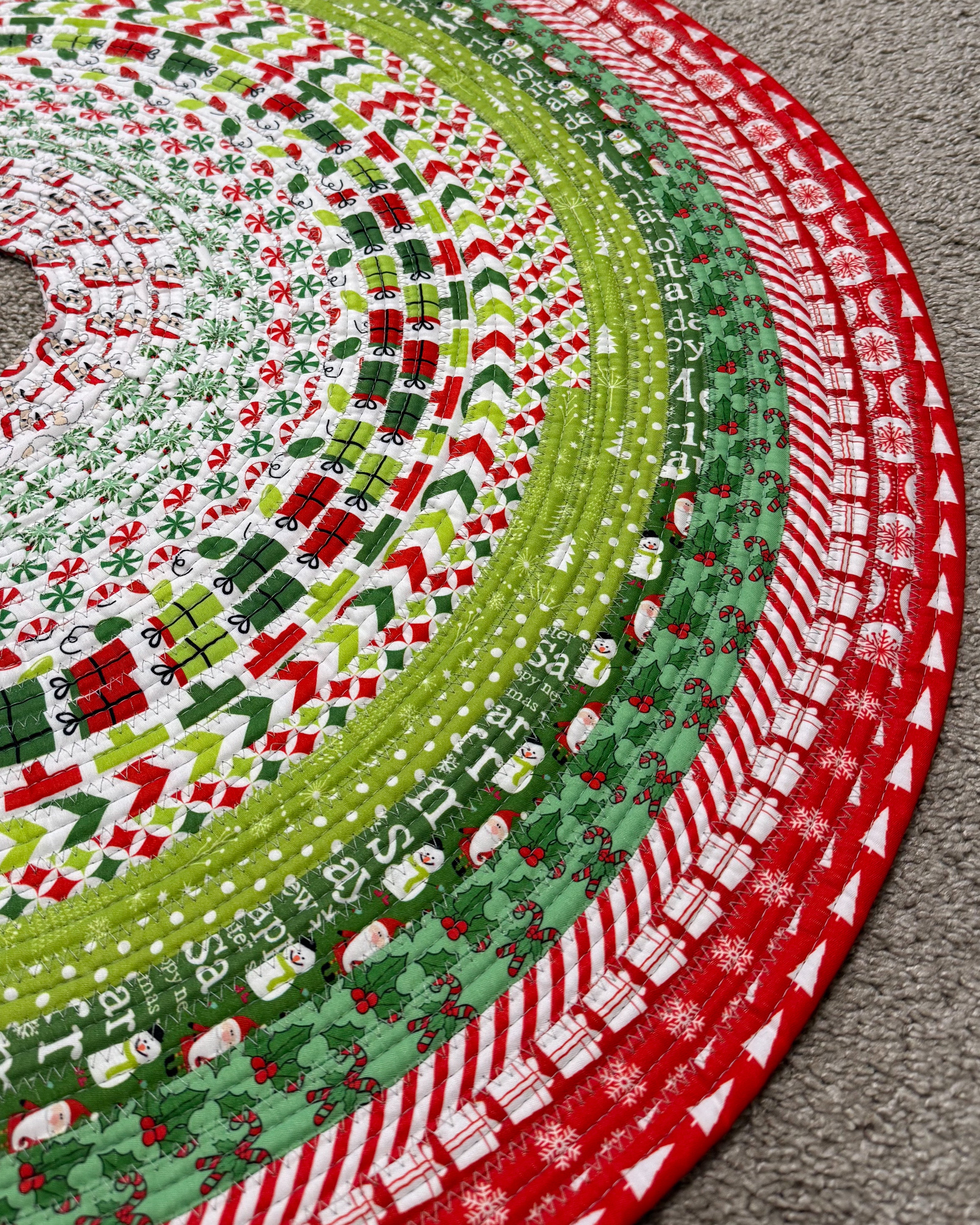 Bright Tree Skirt Jelly Roll Rug – handmade quilted Christmas tree skirt