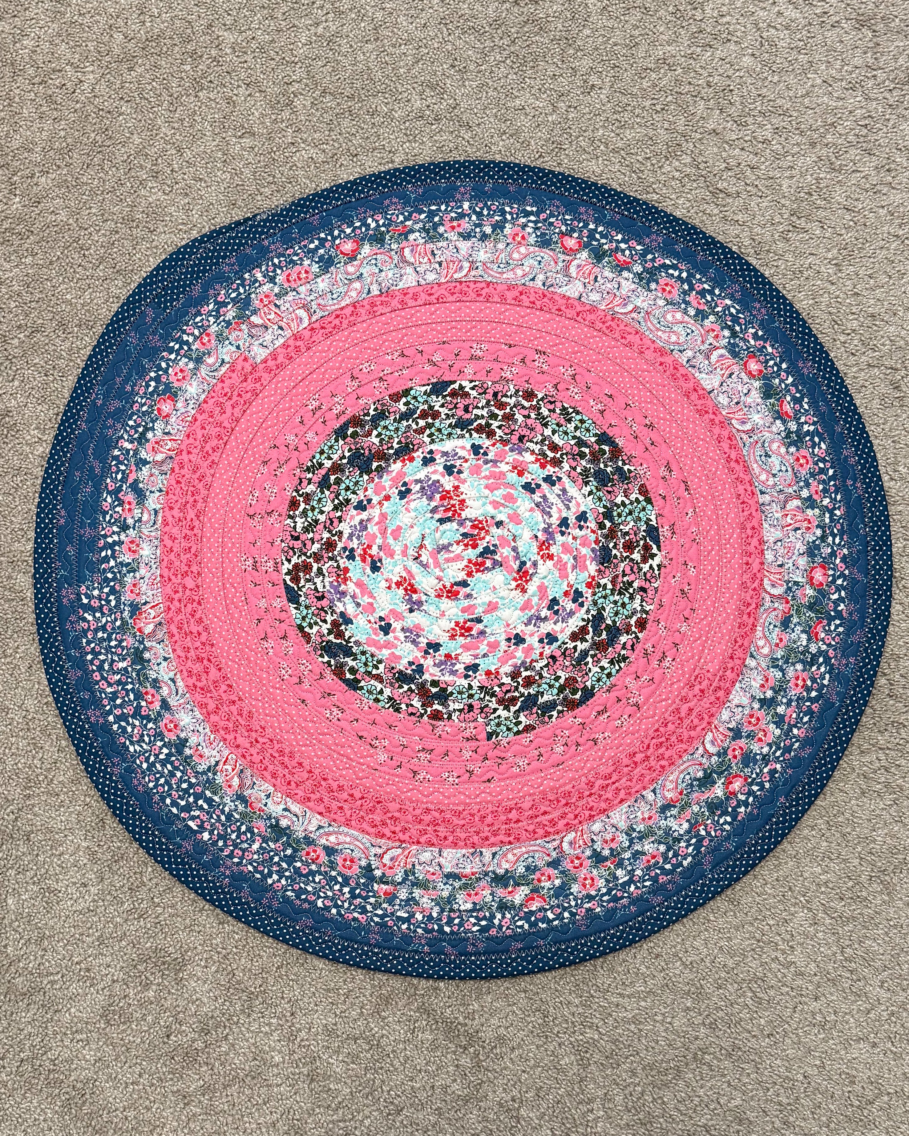 Pink and Blue Florals Jelly Roll Rug handmade quilted cotton rug