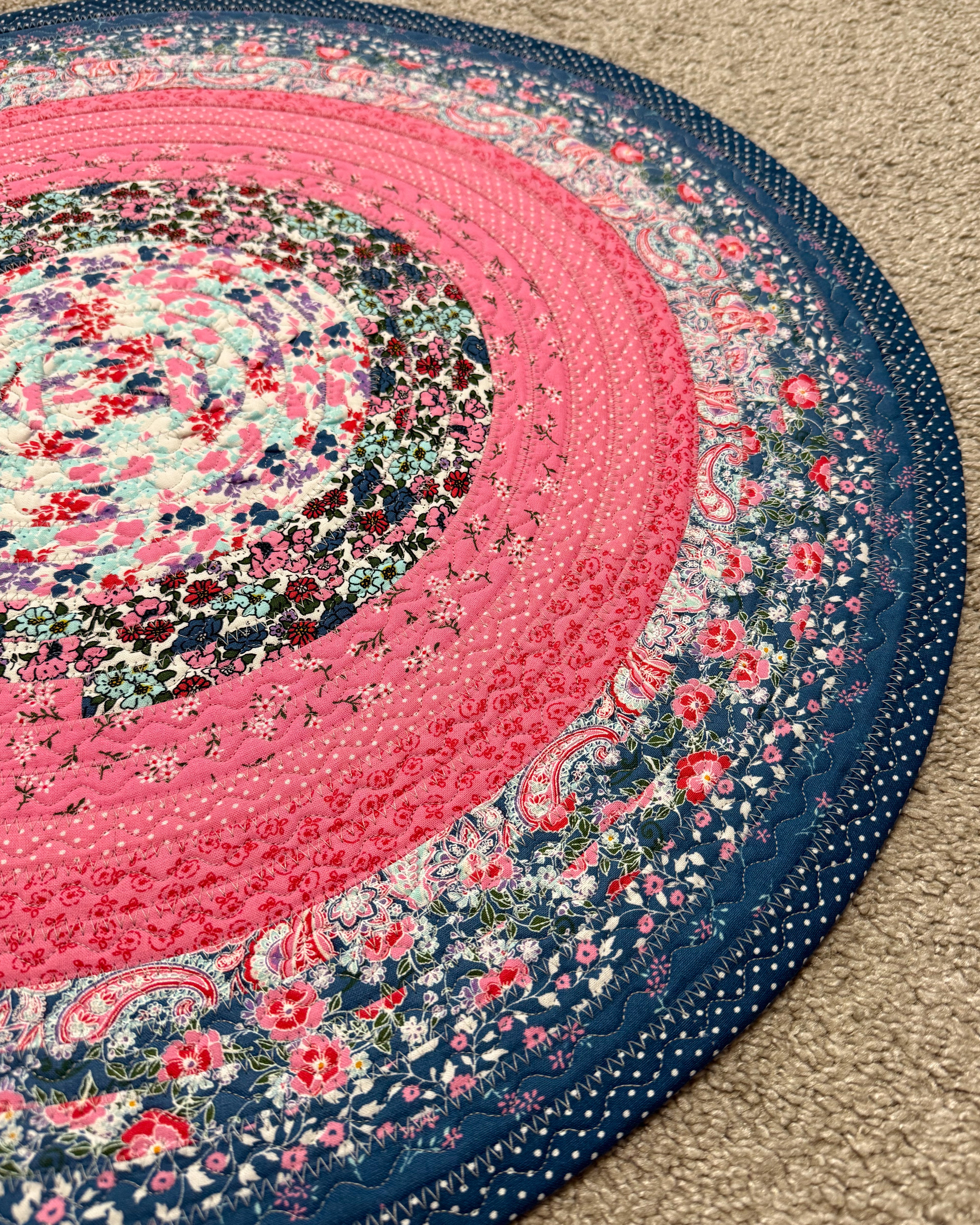 Pink and Blue Florals Jelly Roll Rug handmade quilted cotton rug