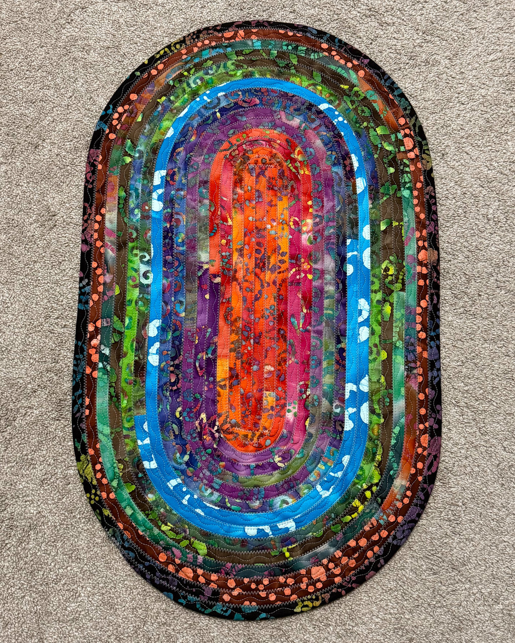 Dark Rainbow Jelly Roll Rug handmade quilted cotton accent rug