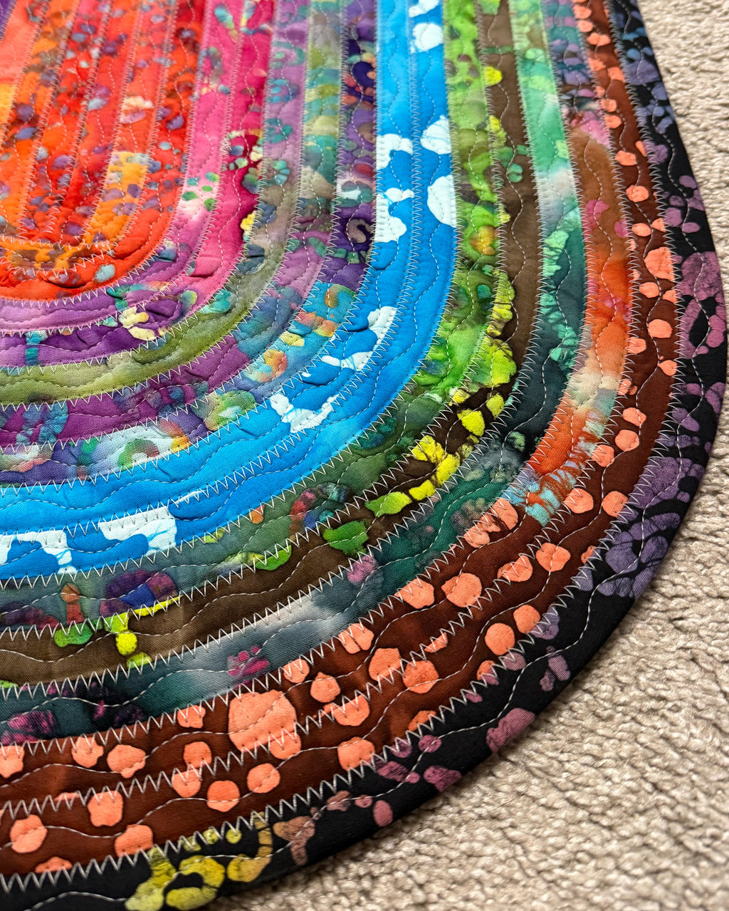 Dark Rainbow Jelly Roll Rug handmade quilted cotton accent rug